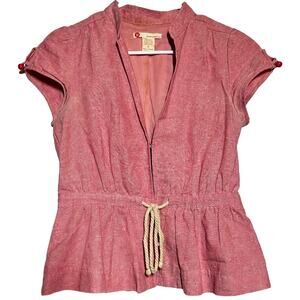 Vintage Forever Twenty One Linen Blouse Y2K Zip Up Cinched Waist V-Neck Pink S